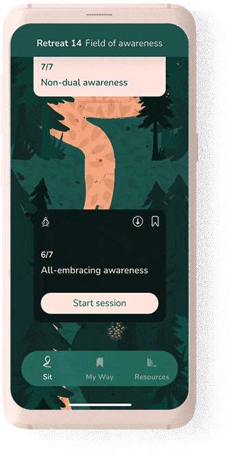 mobile phone mockup showing screenshot of Retreat 14 Field of Awareness of The Way App journey